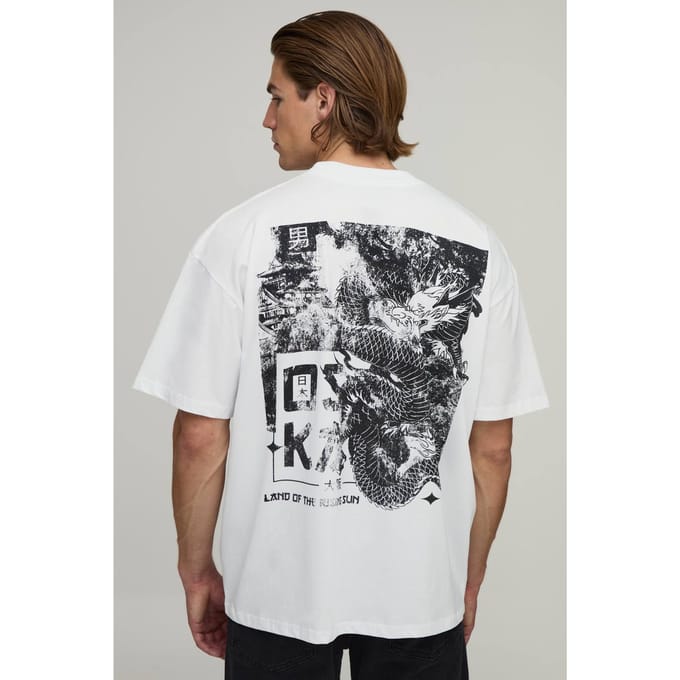 Wit Oversized T-shirt Met Drakenprint | White | Size 3XL