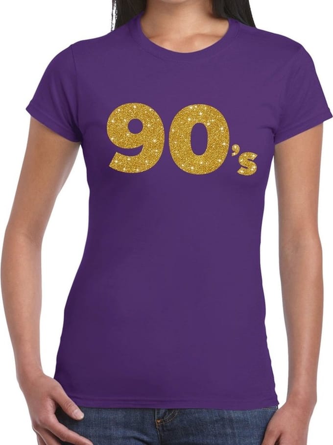 Nineties party verkleed t-shirt - 90's goud glitters - paars - dames - thema feestkleding S
