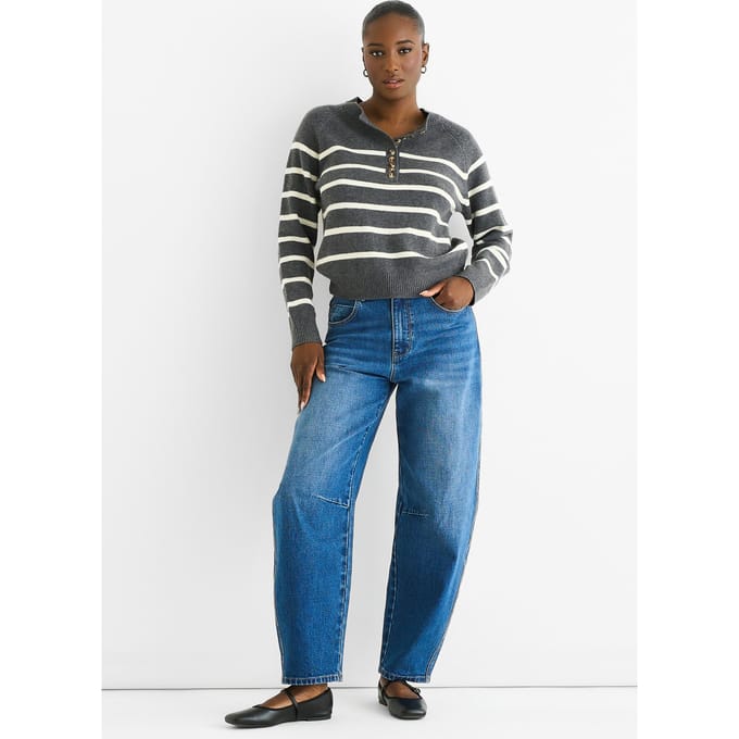 Grijze Recycle Stripe Knopen Trui met Losse Pasvorm