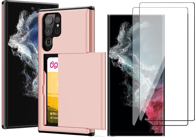 Hoesje met Pasjeshouder geschikt voor Samsung Galaxy S22 Ultra - 2x Screen Protector FullGuard - Back Cover SlideCase Roségoud & Screenprotector