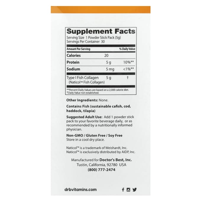 Doctor'S Best, Collagène de Poisson avec Naticol, 5G, Sachets Stick Poudre 30, 150G(5,3 oz)