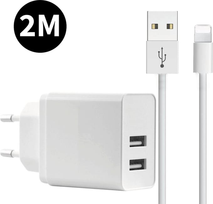 USB Lader met Oplaadkabel 2 Meter - Geschikt voor iPhone X en ouder - 2 Poorten - USB A - 12 Watt