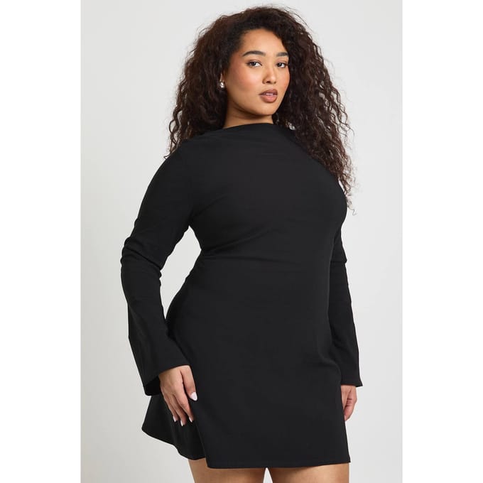boohoo Dames Plus Gerimpelde Taille Uitlopende Mouw Mini Jurk | Zwart | Maat: 44