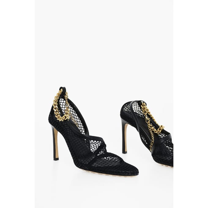 Mesh sandalen met goudkleurige kettingsluiting in Nero, Oro