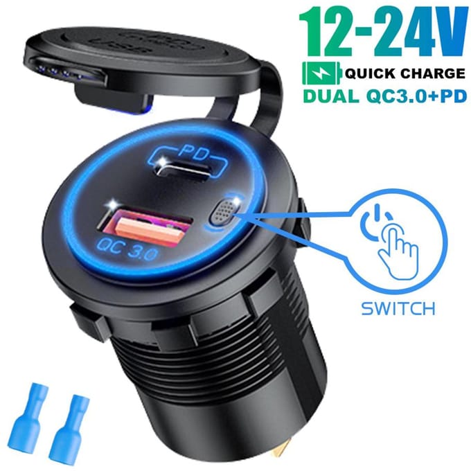 65W QC3.0 USB PD Autolader Socket Waterdicht Snellaadadapter met Aan/Uit Schakelaar voor Auto Motorfiets Boot Marine