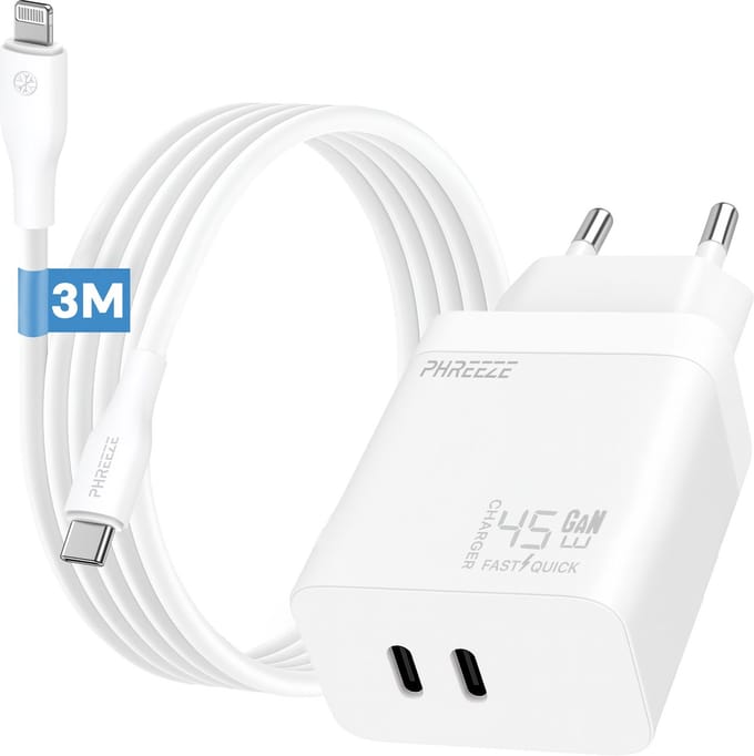 Phreeze usb C snellader geschikt voor iPhone en iPad met Lightning kabel 3 meter - Wit