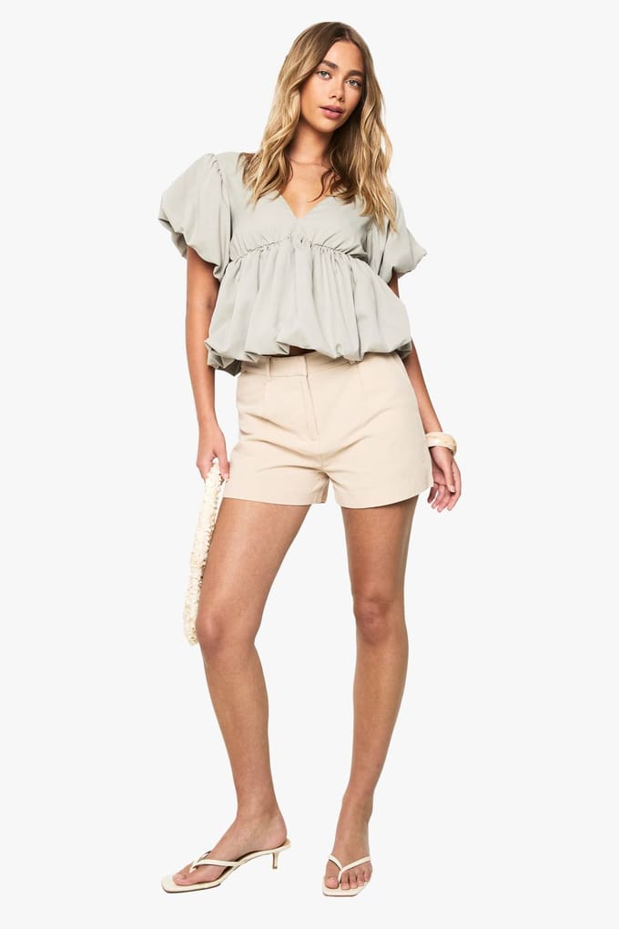 boohoo Dames Poplin Pofbal Top | Sage | Maat: 6