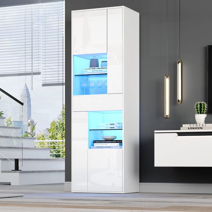 Sweiko Vitrinekast - 55 x 38 x 170 cm - Met laden - LED-verlichting - Hoogglans - Wit