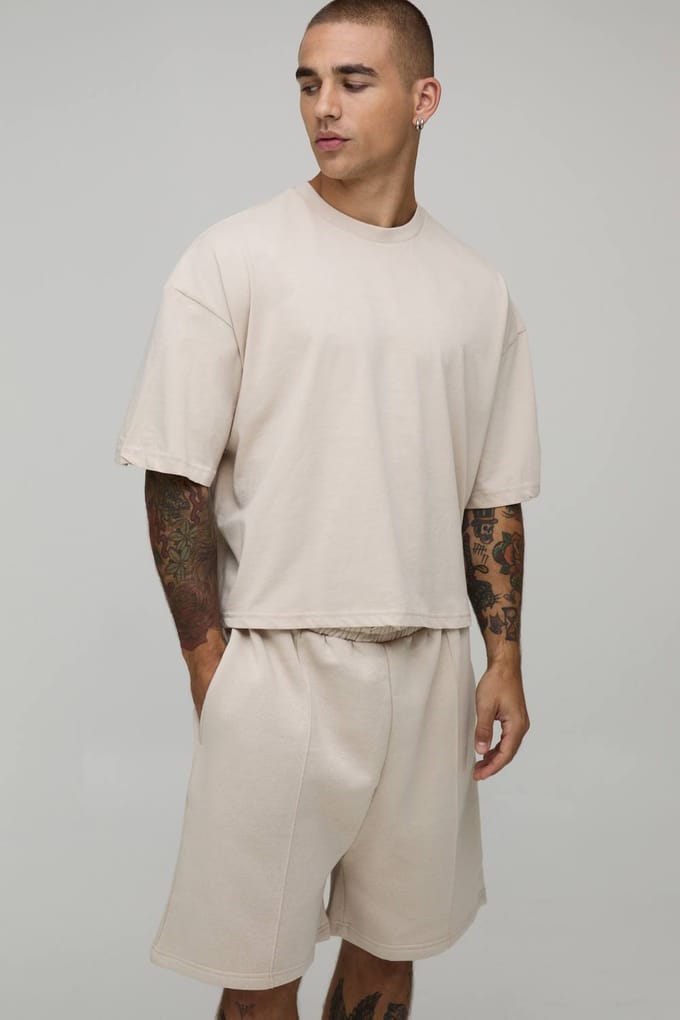 Oversized Boxy T-Shirt & Drop Crotch Shorts Set | Stone | Size Small