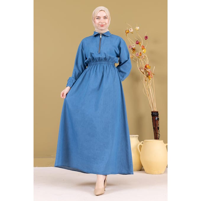 Met rits Elastische taille Denim Jurk Lichtblauw