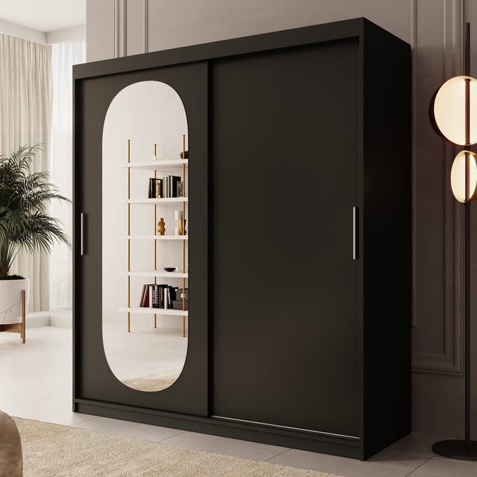 Meubella - Kledingkast Bodhi - Zwart - 180 cm - Met spiegel