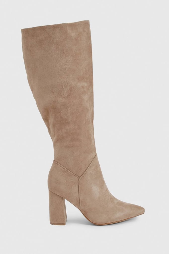 boohoo Dames Brede pasvorm nepsuede laarzen tot over de knie | Beige | Maat: 3