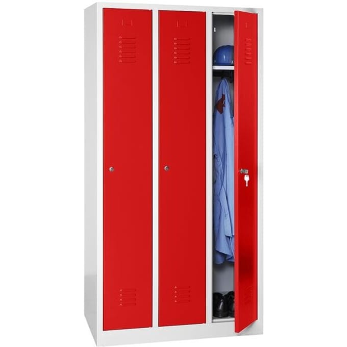 Kledinglocker, 3 deuren, B 900 x H 1800 mm cilinderslot, lichtgrijs/rood