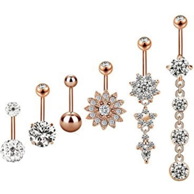 6 Stuks Roestvrij Staal Strass Buikring Navelpiercing Lichaamspiercing (Gewoon Roségoud) white