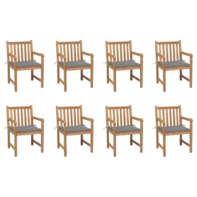vidaXL - Tuinstoelen - 8 - st - met - grijze - kussens - massief - teakhout