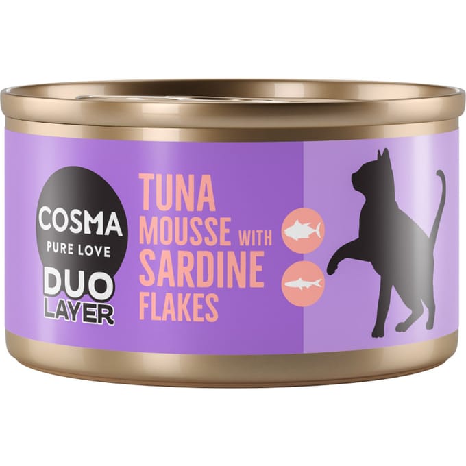 6x70g Tonijnmousse met stukjes Sardine DUO Layer Cosma Kattenvoer