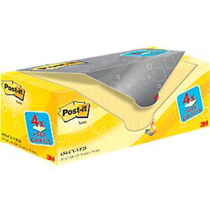 Post-it notes 654Y-20 - PEFC® papier - B 76 x D 76 mm - 16 + 4 blokken gratis - geel - 100 vellen/pak