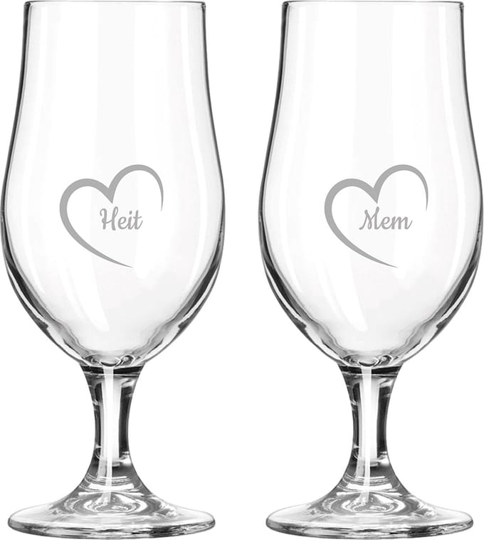 Gegraveerde bierglas op voet 49cl Mem mei hert & Heit mei hert