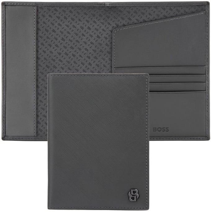 HUGO BOSS Leren identiteitskaarthoesje Double B Passport Case Saffiano Grey grijs