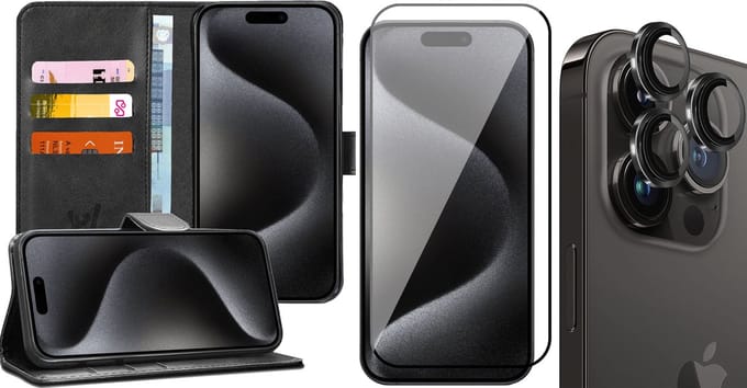 Hoesje geschikt voor iPhone 15 Pro Max - Screenprotector FullGuard & Camera Lens Screen Protector Zwart - Book Case Kunstleer Pasjeshouder Zwart