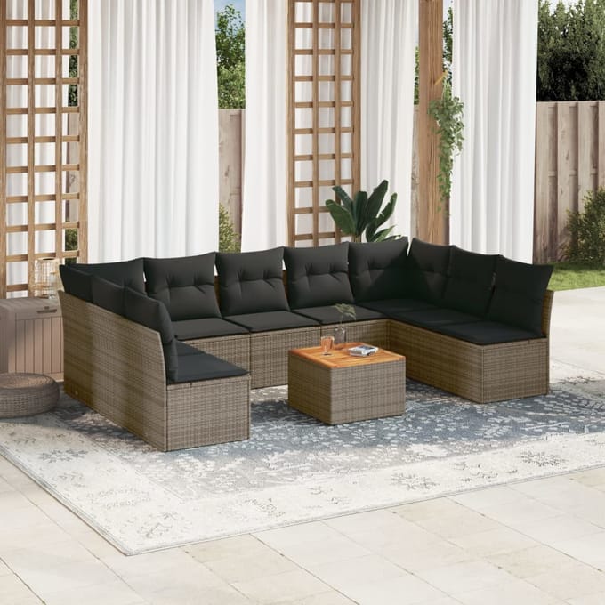 vidaXL - 10-delige - Loungeset - met - kussens - poly - rattan - grijs