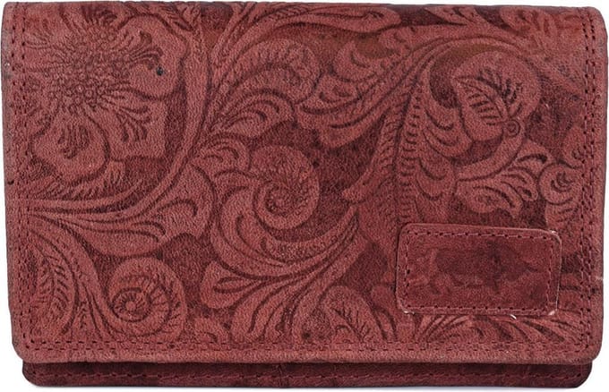 Rode RFID Dames Portemonnee Leer Met Bloemenprint - Kleine Lederen Portemonnee