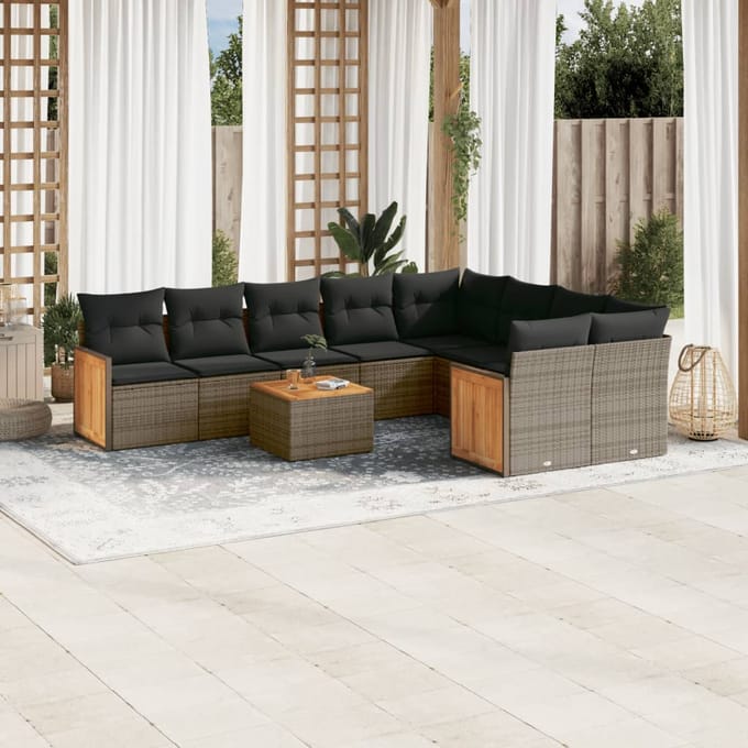 vidaXL - 10-delige - Loungeset - met - kussens - poly - rattan - grijs