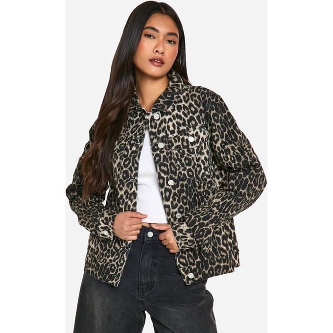 boohoo Dames Denimjack met luipaardprint | Bruin | Maat: 32