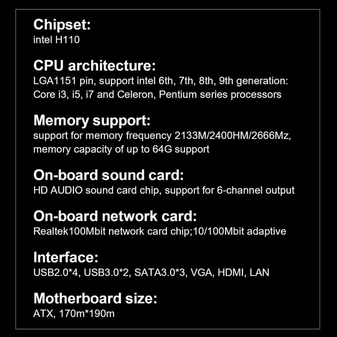 DDR4 H310B4 Computer Moederbord LGA1151 CPU Ondersteuning 64G Dual Channel Dual M.2 Interface Realtek zwart