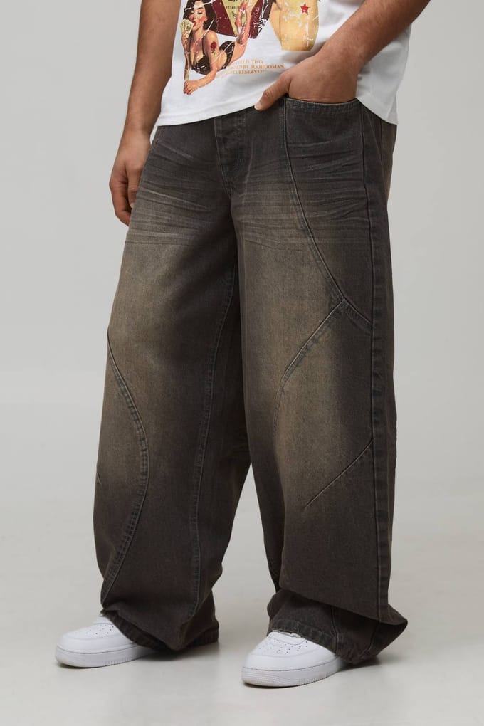 Baggy Pantalon Met Panelen In Gewassen Denim | Brown | Size 32R