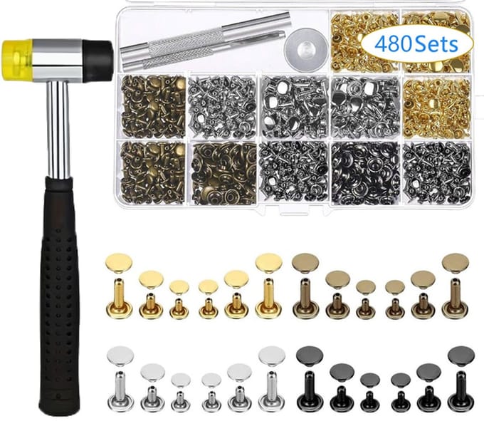480 sets lederen klinknagels, 4 kleuren, dubbele klinknagels, 3 maten