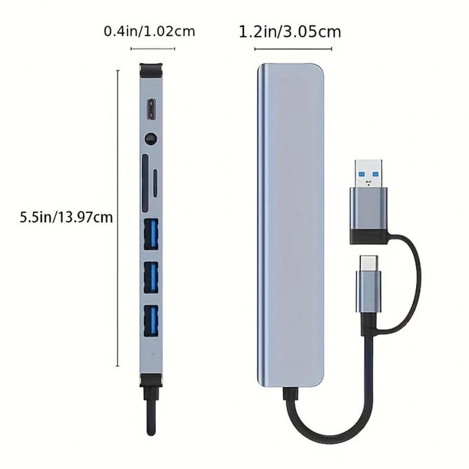 8-IN-2 USB A & USB C Hub Type-C Dockingstation Multipoortadapter USB 3.0 Snelle gegevensoverdracht SD TF zilvergrijze kleur