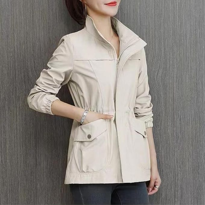 Coupe-vent Double couche pour femmes, manteau court à la mode, grande taille, veste à col montant pour dames, printemps automne L beige