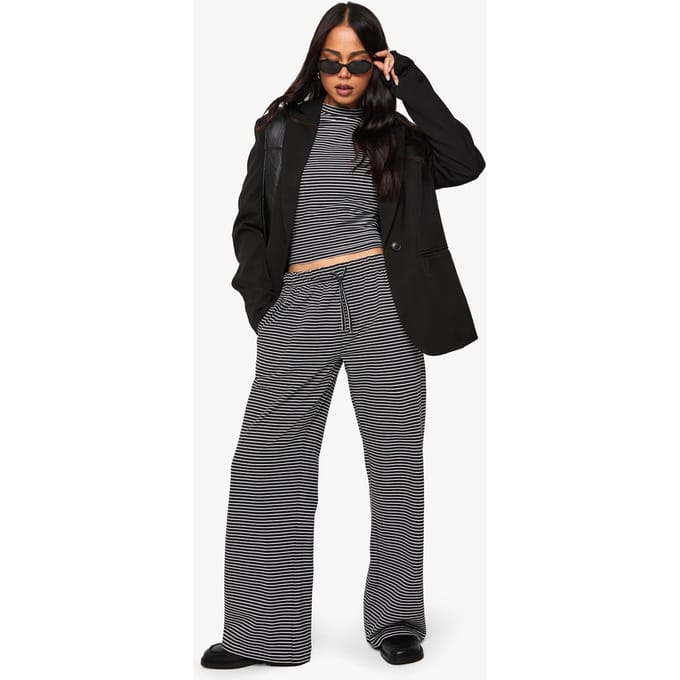 boohoo Dames Gestreepte Broek met Rechte Pijp | Zwart | Maat: 44