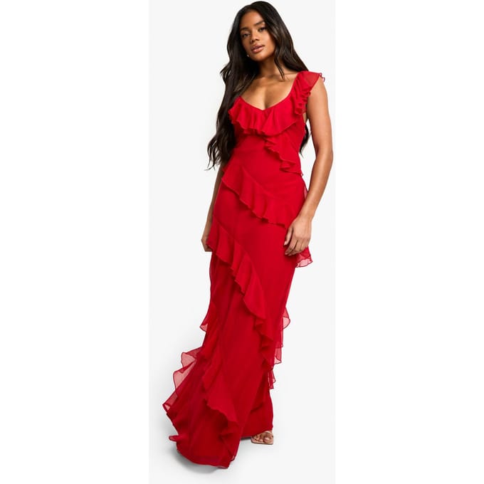 boohoo Dames Chiffon Ruffle Maxi-jurk met bandjes | Rood | Maat: 46