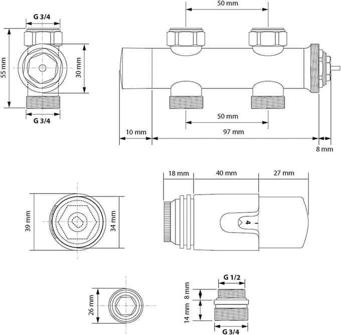 Radiator Aansluitset - Thermostaatkraan Set - Centrale Verwarming - Universele Aansluiting - 50 mm Middenaansluiting - Wit