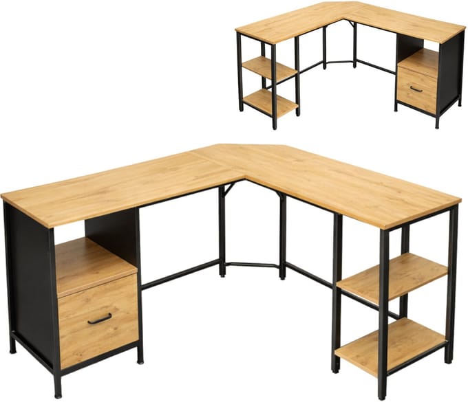 BEGRYF - Hoekbureau - elzenkleur - met lade en planken - 149x149x74,5 cm