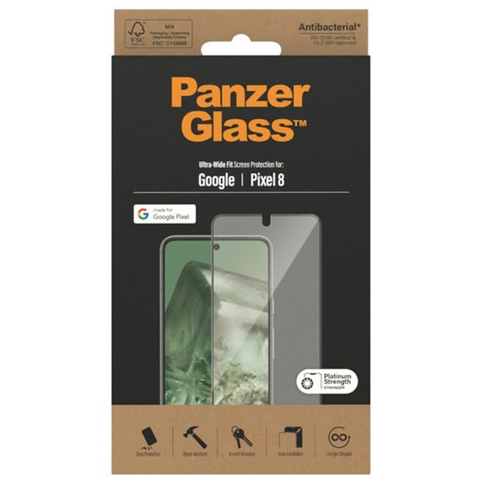 PanzerGlass Screenprotector geschikt voor Google Pixel 8 Glazen | PanzerGlass Ultra-Wide Fit Screenprotector - Case Friendly - Zwart