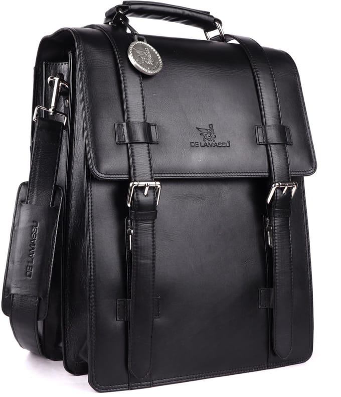 DE LAMASSU® (Adrian) leren laptoptas – 2-in-1 rugzak & schoudertas Zwart.