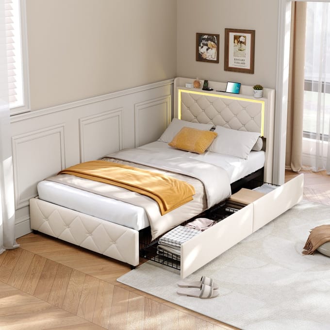 Kinderbed met stoffering, 90x200cm, met LED, USB en lade, eenpersoonsbed, lattenbodem, fluweel, beige