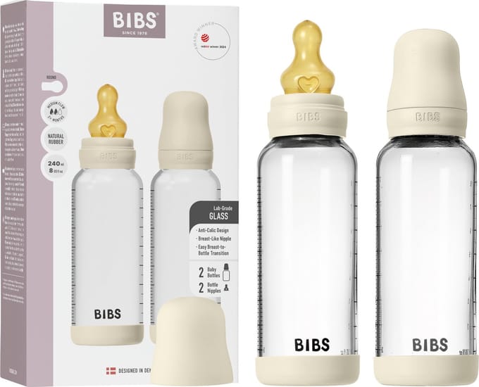 BIBS Glazen Babyfles - 240ml - 2-pack - Natuurrubber speen - Ivory