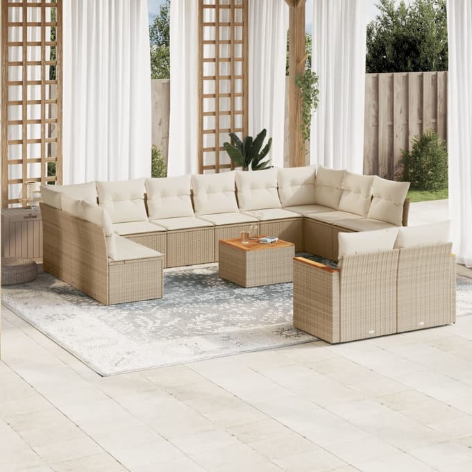 vidaXL - 13-delige - Loungeset - met - kussens - poly - rattan - beige