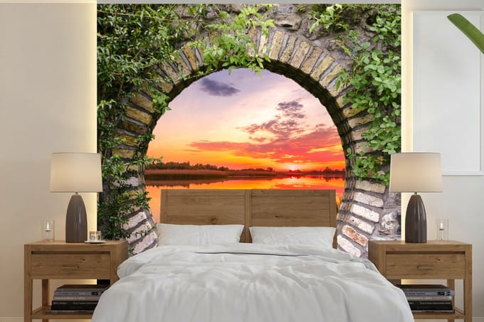 Behang - Fotobehang Zee - Zonsondergang - Doorkijk - Breedte 280 cm x hoogte 280 cm