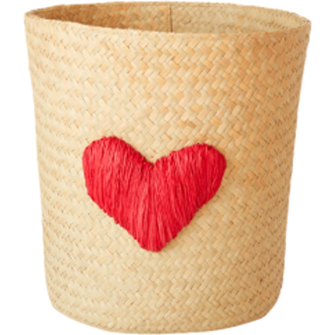Rice raffia mandje rond, formaat 26 cm., kleur hart rood