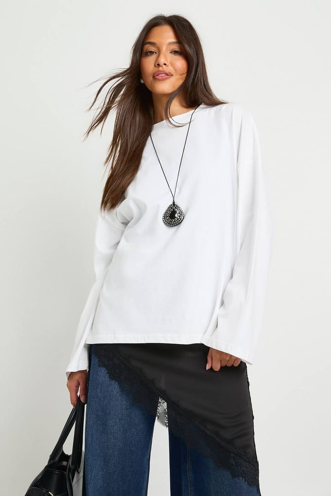 boohoo Dames Oversized lange mouw T-shirt | Wit | Maat: 44