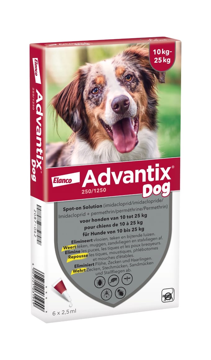 Advantix® 250/1250 Spot-On Solution voor Honden 10 - 25 kg - Dubbelpak: 2 x 6 Pipetten - BE