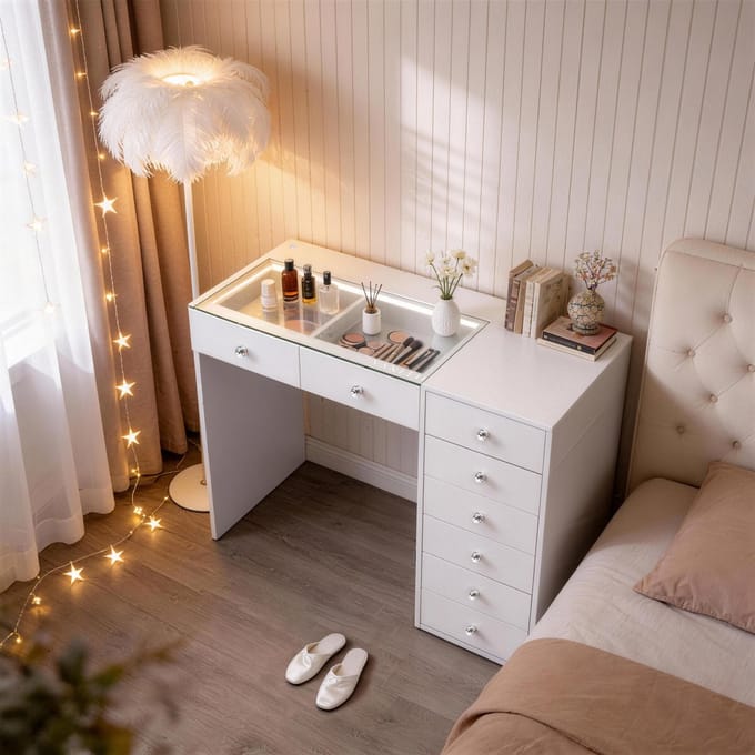 VANITII GLOBAL Kaptafel met Verlichting Licht LED 8 Lades Wit 120 x 55 x 81 cm