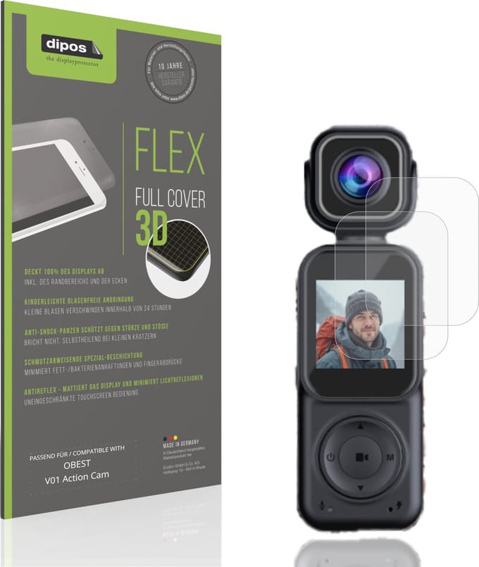 dipos FLEX – 2x Matte Screenprotector geschikt voor OBEST V01 Action Cam | Volledige Schermbescherming | Case-Friendly
