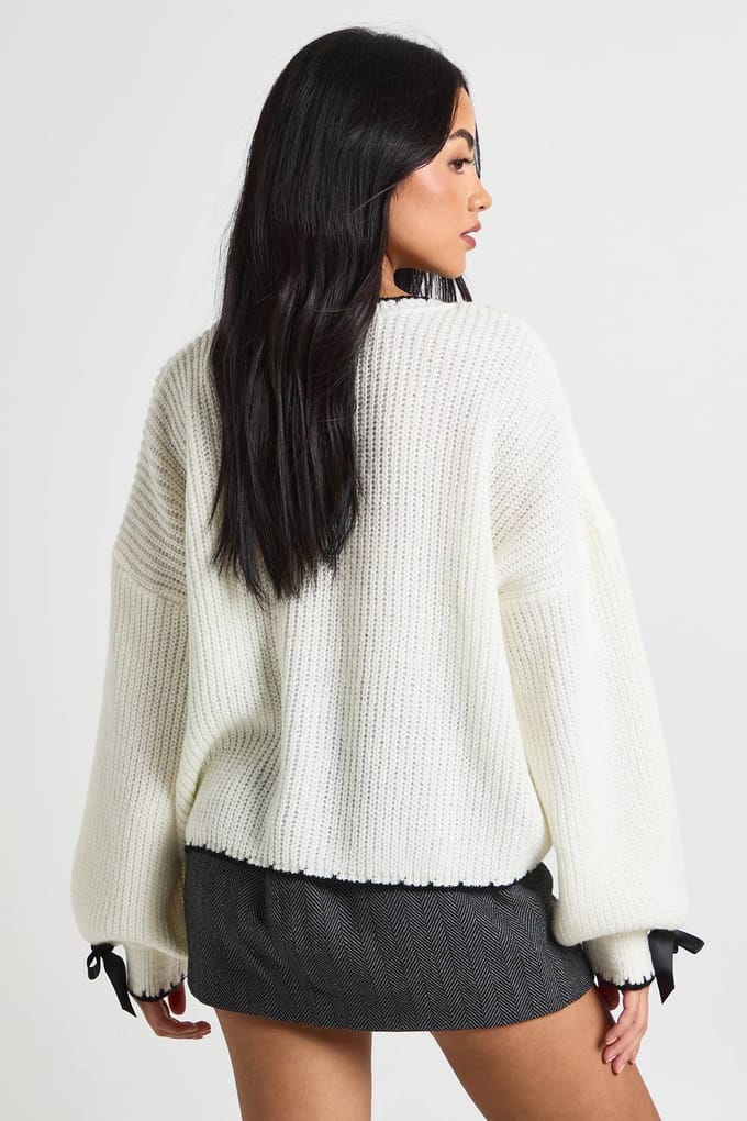 boohoo Dames Gebreide trui met strikmanchetdetail | Creme | Maat: Large