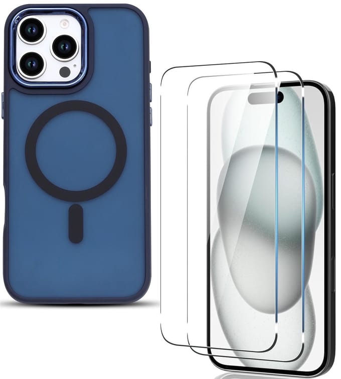 Matte magnetische hoes Geschikt voor: iPhone 16 Plus - Compatibel met MagSafe + 2x Screenprotector - Matte achterkant - Blauw